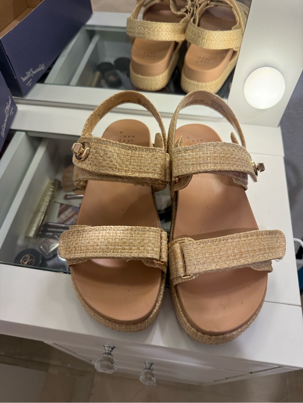 a new day Tan Woven Platform Sandals with Gold Accent